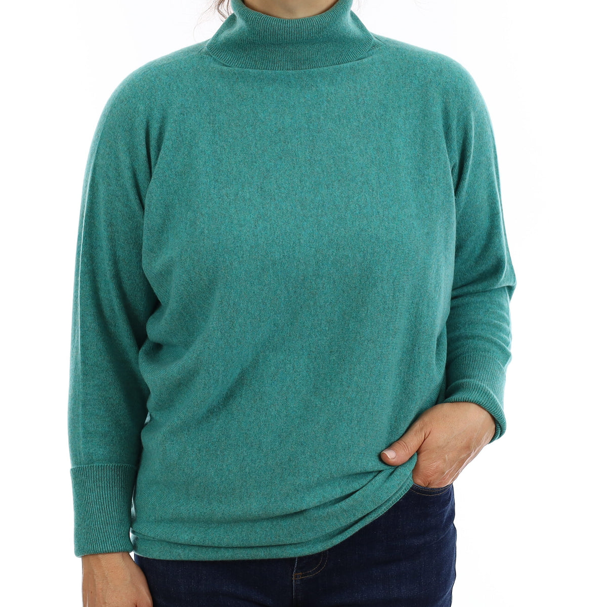 Brand New Scottish Turquoise Cashmere Bat Wing Polo Neck Jumper Medium
