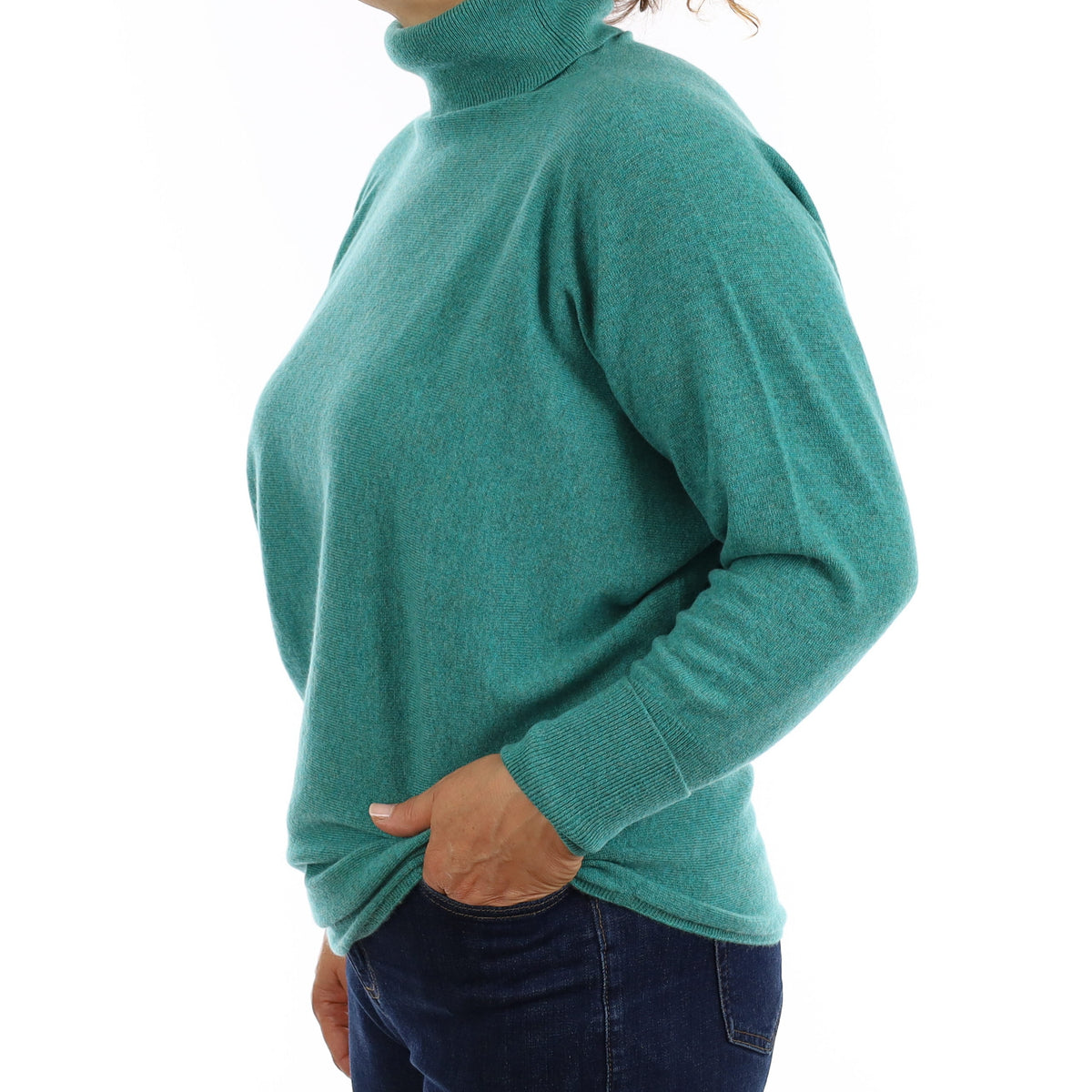 Brand New Scottish Turquoise Cashmere Bat Wing Polo Neck Jumper Medium