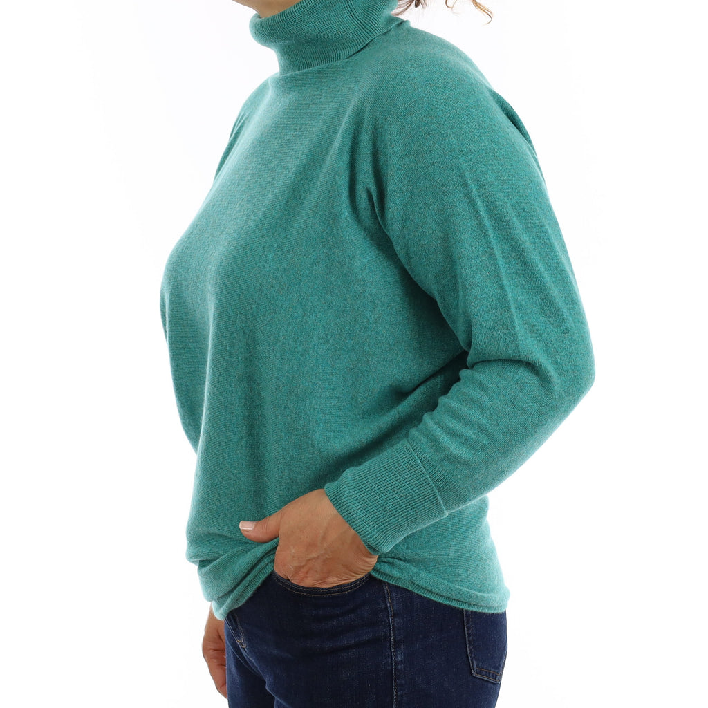 Brand New Scottish Turquoise Cashmere Bat Wing Polo Neck Jumper Medium