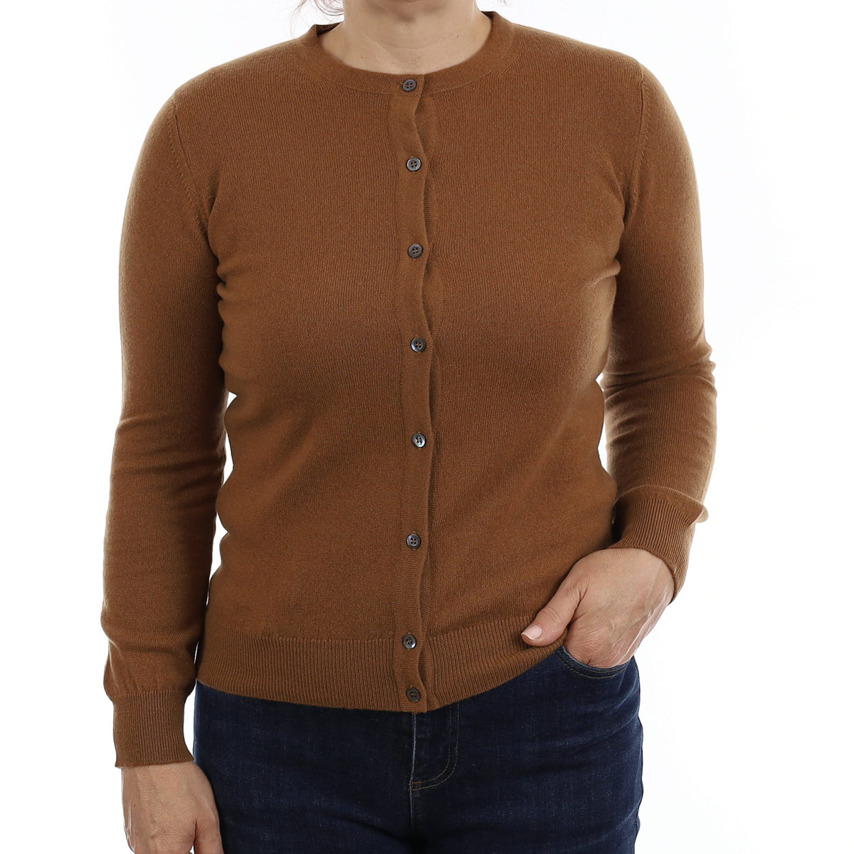 Brand New Scottish Cinnamon Brown Cashmere Crew Neck Cardigan Medium