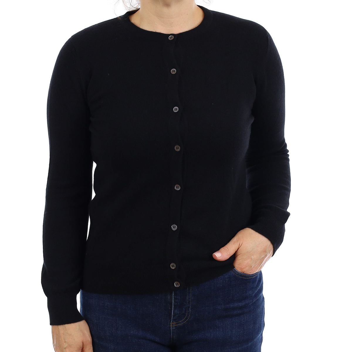 Brand New Scottish Black Cashmere Crew Neck Cardigan Medium