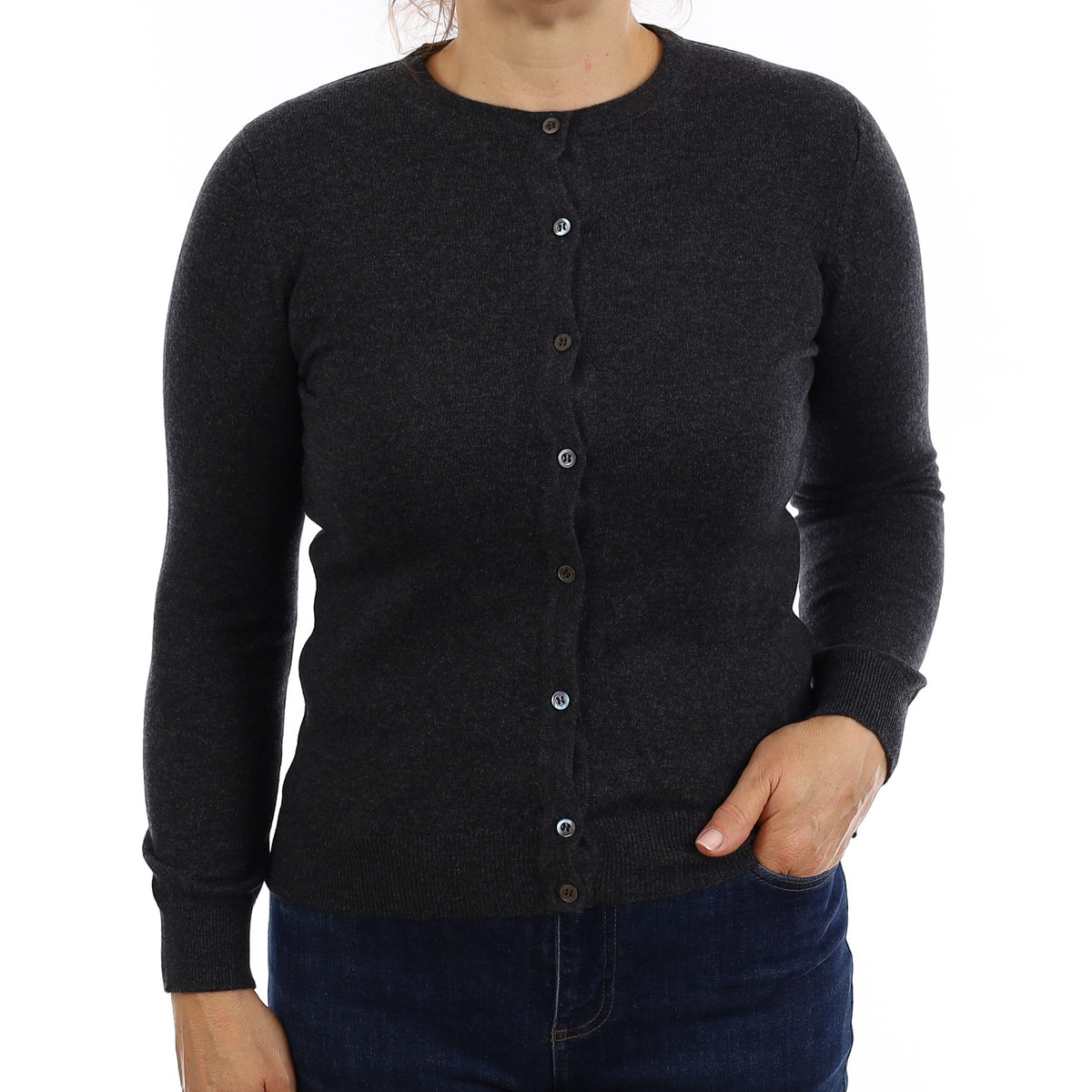 Brand New Scottish Charcoal Grey Cashmere Crew Neck Cardigan Medium
