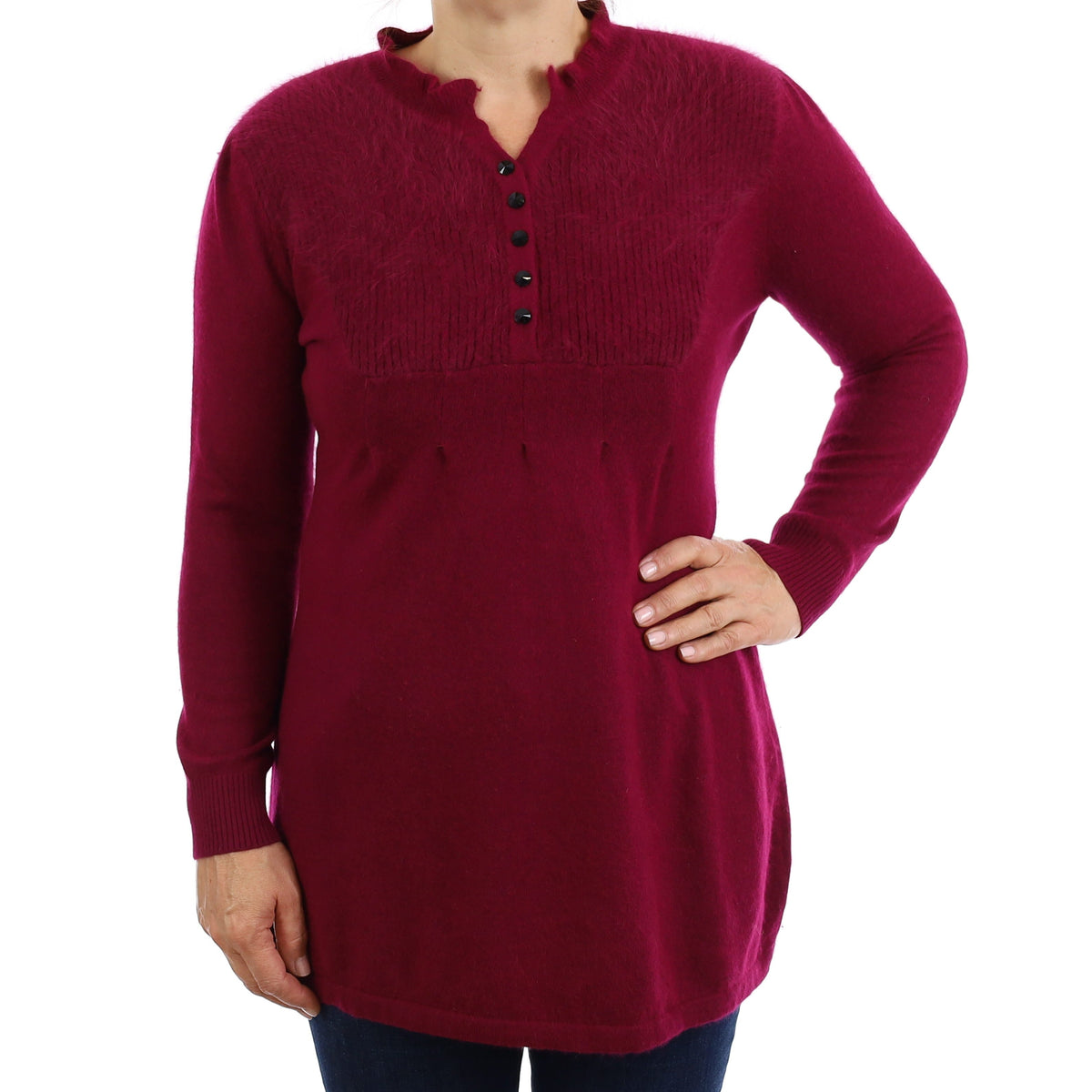 Mulberry Purple Cashmere Button Up Turtleneck Tunic Jumper Medium