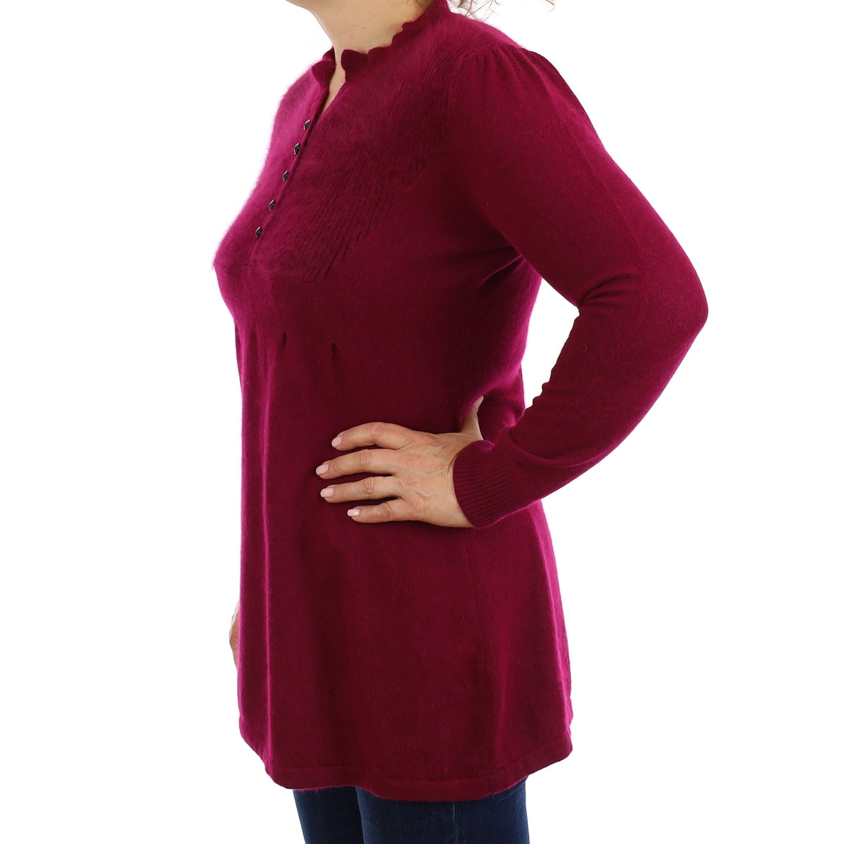 Mulberry Purple Cashmere Button Up Turtleneck Tunic Jumper Medium