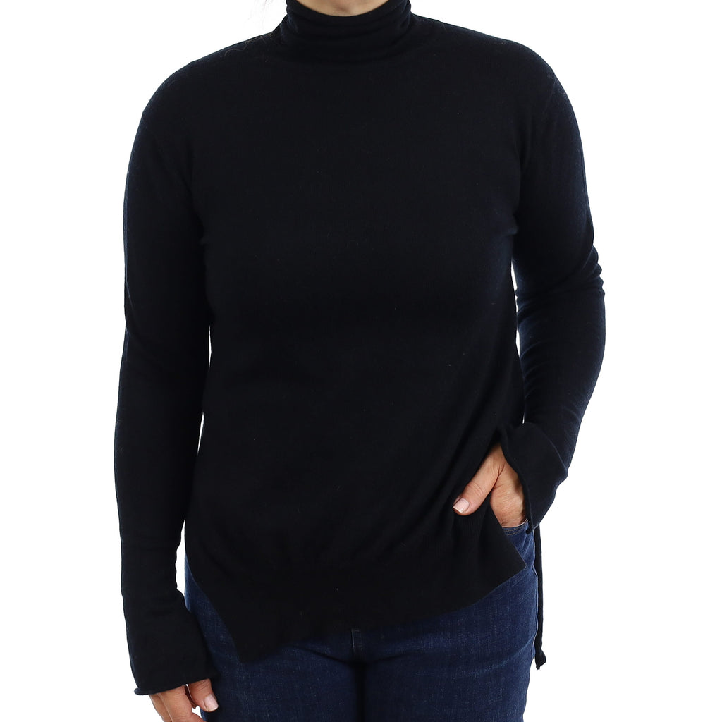 Black Cashmere Feature Hem Polo Neck Jumper Medium