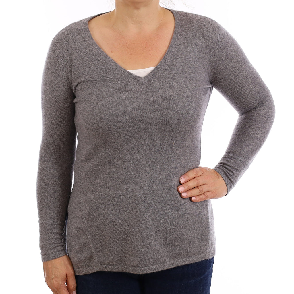 Ash Grey Cashmere A-Line V Neck Jumper Medium