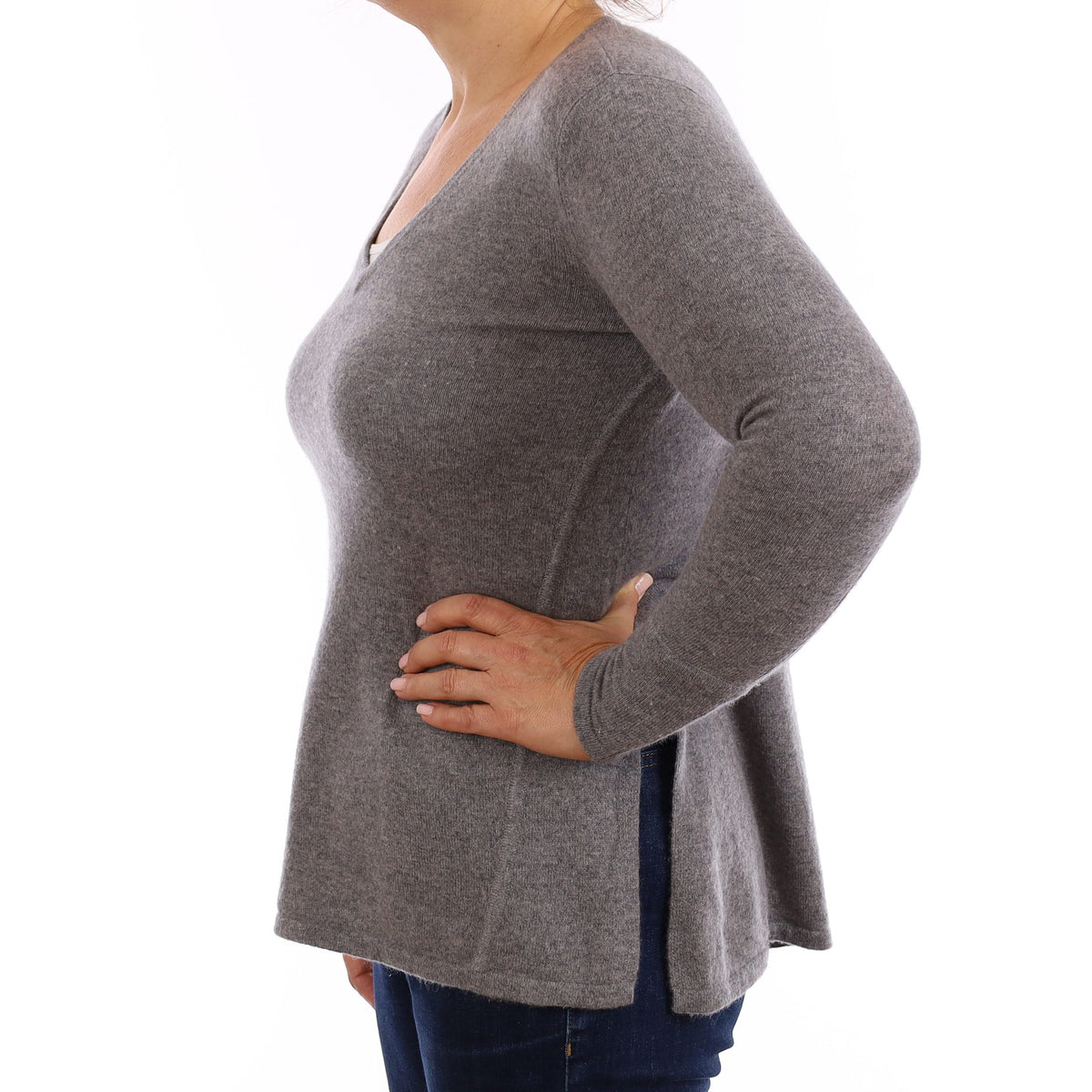Ash Grey Cashmere A-Line V Neck Jumper Medium