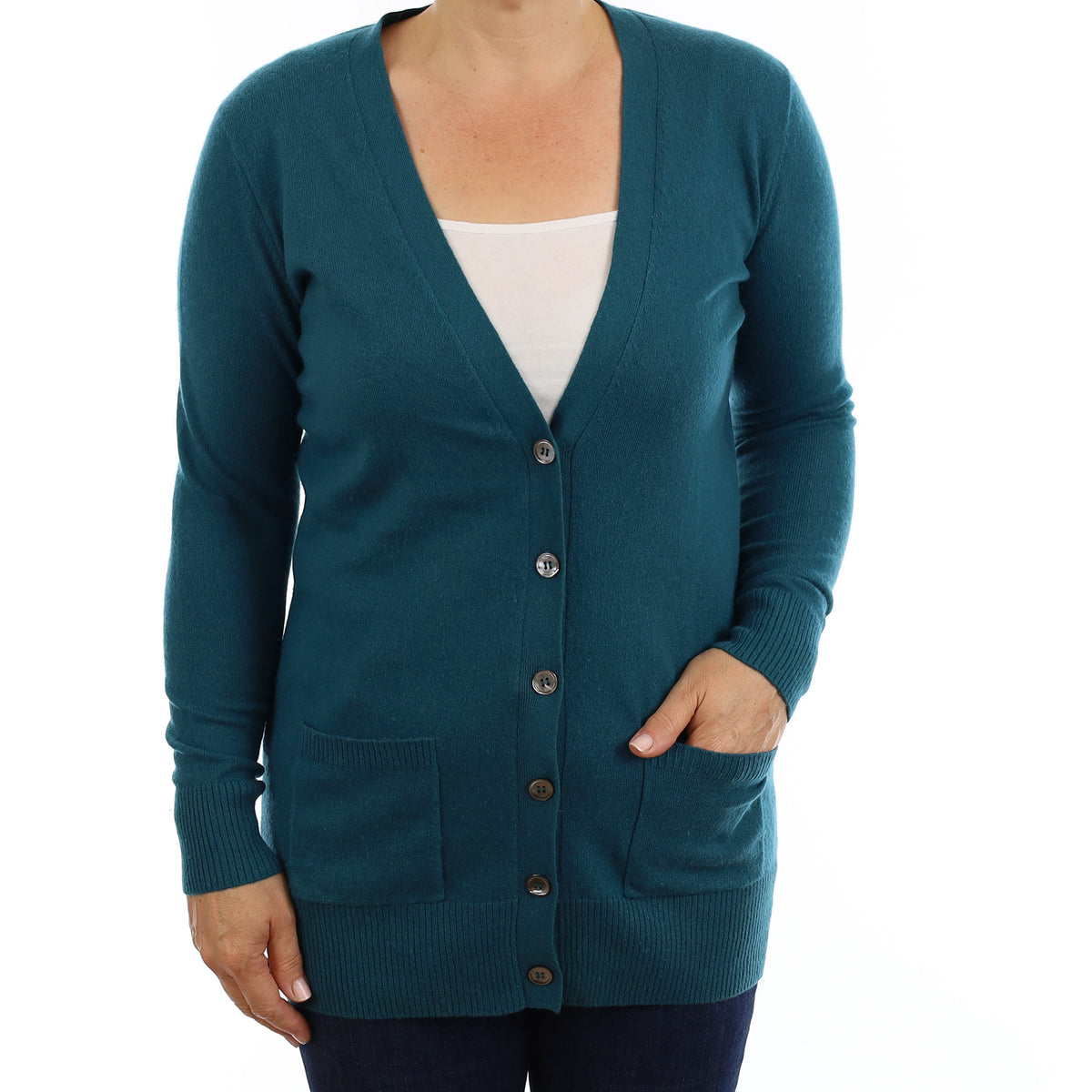 Teal Blue Cashmere V Neck Cardigan with Pockets Medium