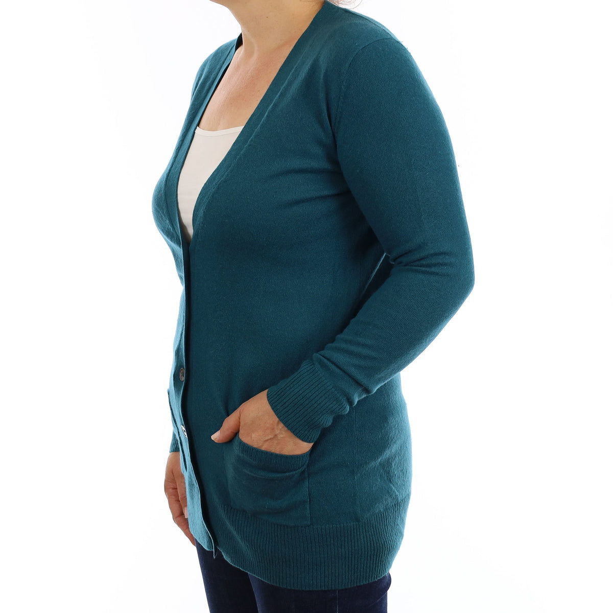 Teal Blue Cashmere V Neck Cardigan with Pockets Medium