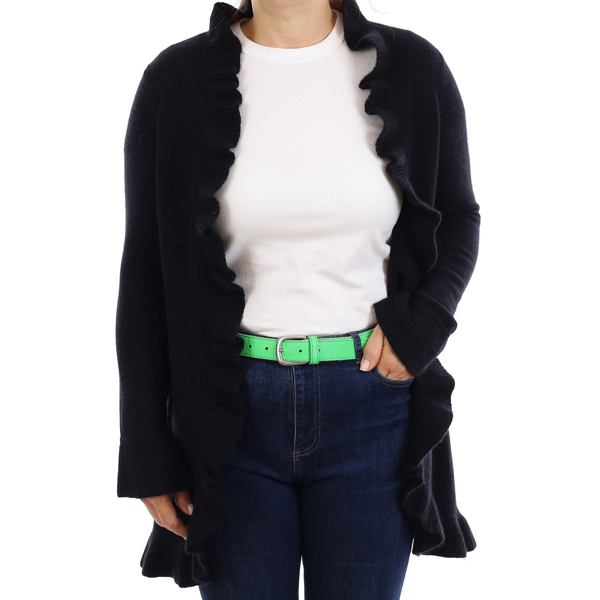 Black Heavy Knit Cashmere Ruffle Edged Cardigan Medium