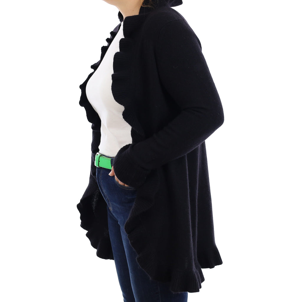 Black Heavy Knit Cashmere Ruffle Edged Cardigan Medium