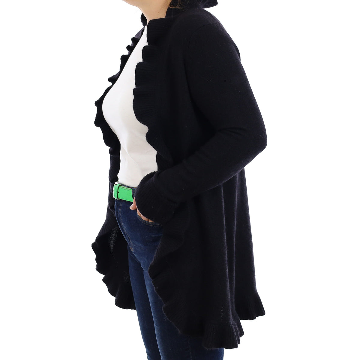 Black Heavy Knit Cashmere Ruffle Edged Cardigan Medium