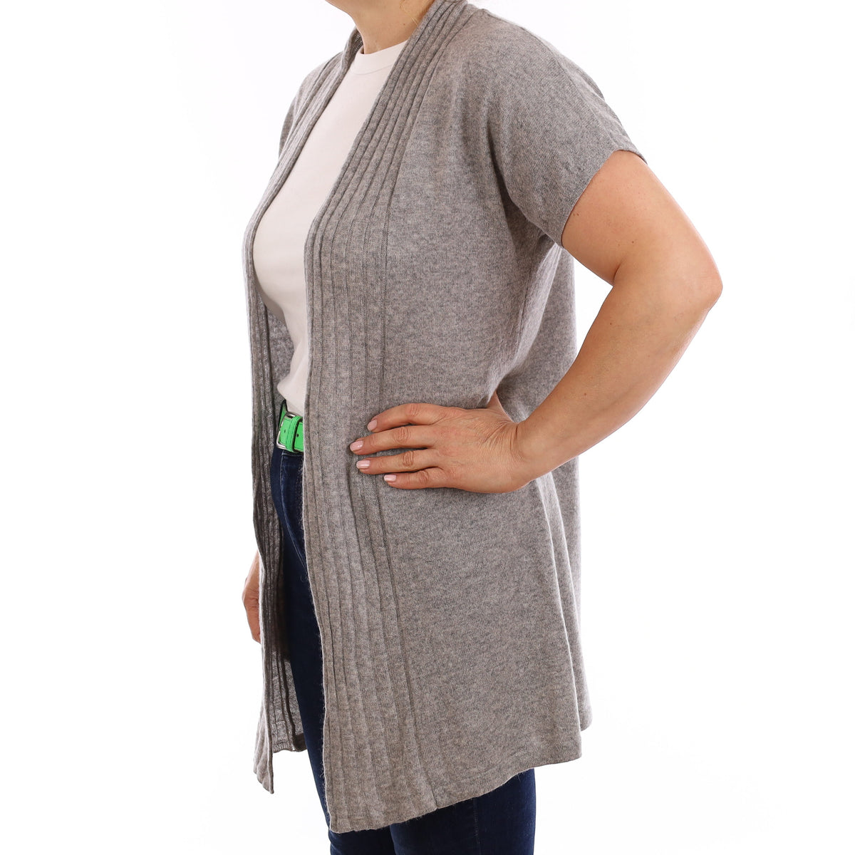 Smoke Grey Cashmere Short Sleeve Edge to Edge Cardigan Medium