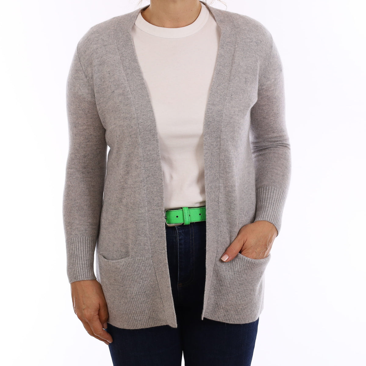 Mist Grey Cashmere Edge to Edge Cardigan with Pockets Medium
