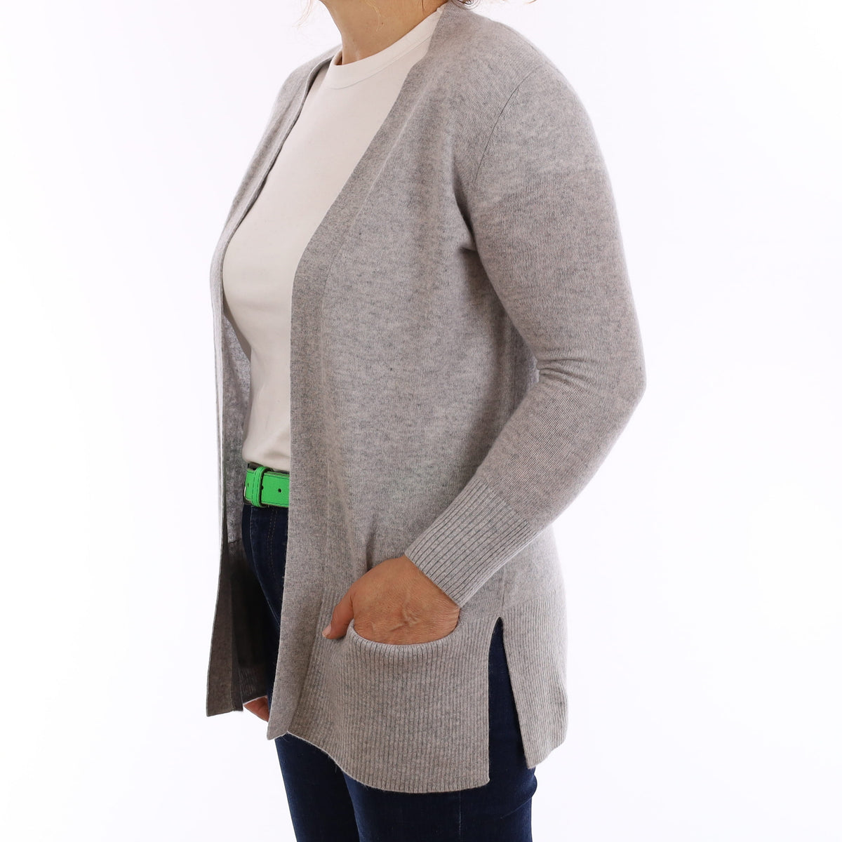 Mist Grey Cashmere Edge to Edge Cardigan with Pockets Medium