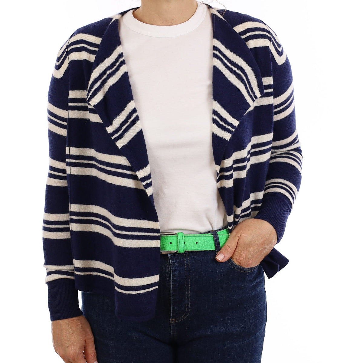 Navy and Ivory Stripe Cashmere Waterfall Cardigan Medium