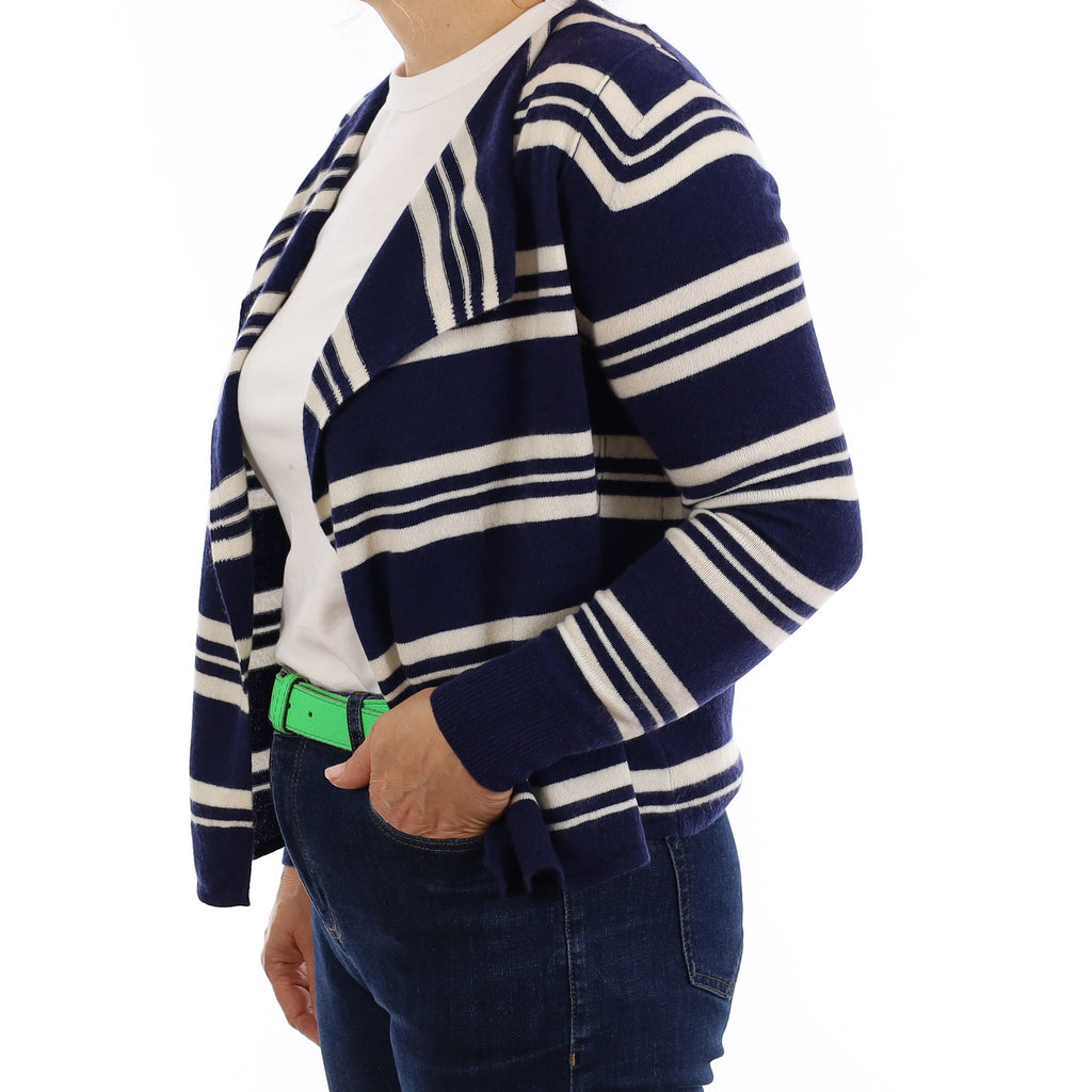 Navy and Ivory Stripe Cashmere Waterfall Cardigan Medium