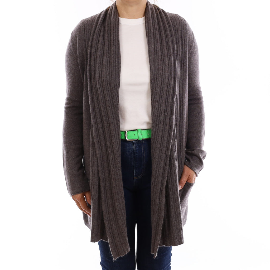 Mocha Grey Cashmere Longline Edge To Edge Cardigan with Pockets Medium