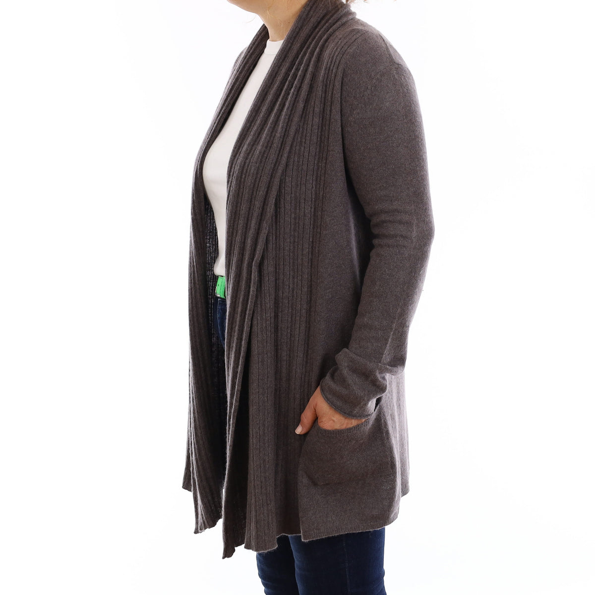 Mocha Grey Cashmere Longline Edge To Edge Cardigan with Pockets Medium