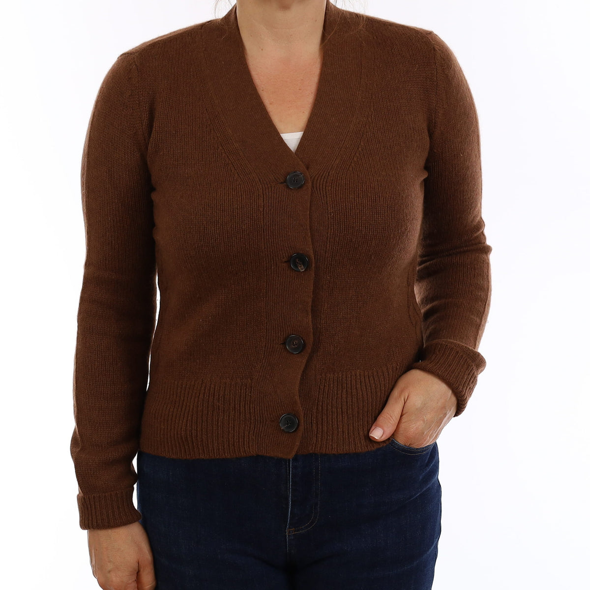 Chestnut Brown Chunky Cashmere V Neck Cardigan Medium
