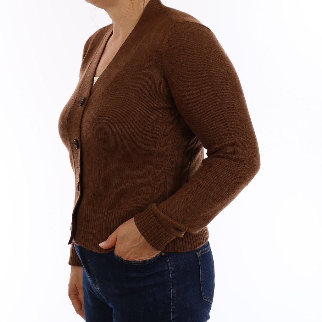 Chestnut Brown Chunky Cashmere V Neck Cardigan Medium