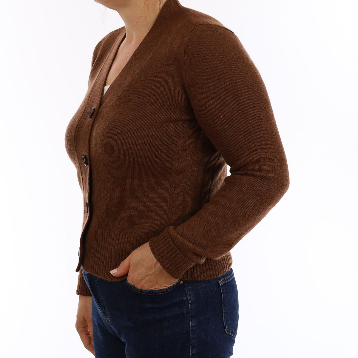 Chestnut Brown Chunky Cashmere V Neck Cardigan Medium