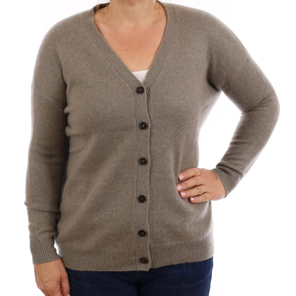 Khaki Brown Chunky Cashmere V Neck Cardigan Medium