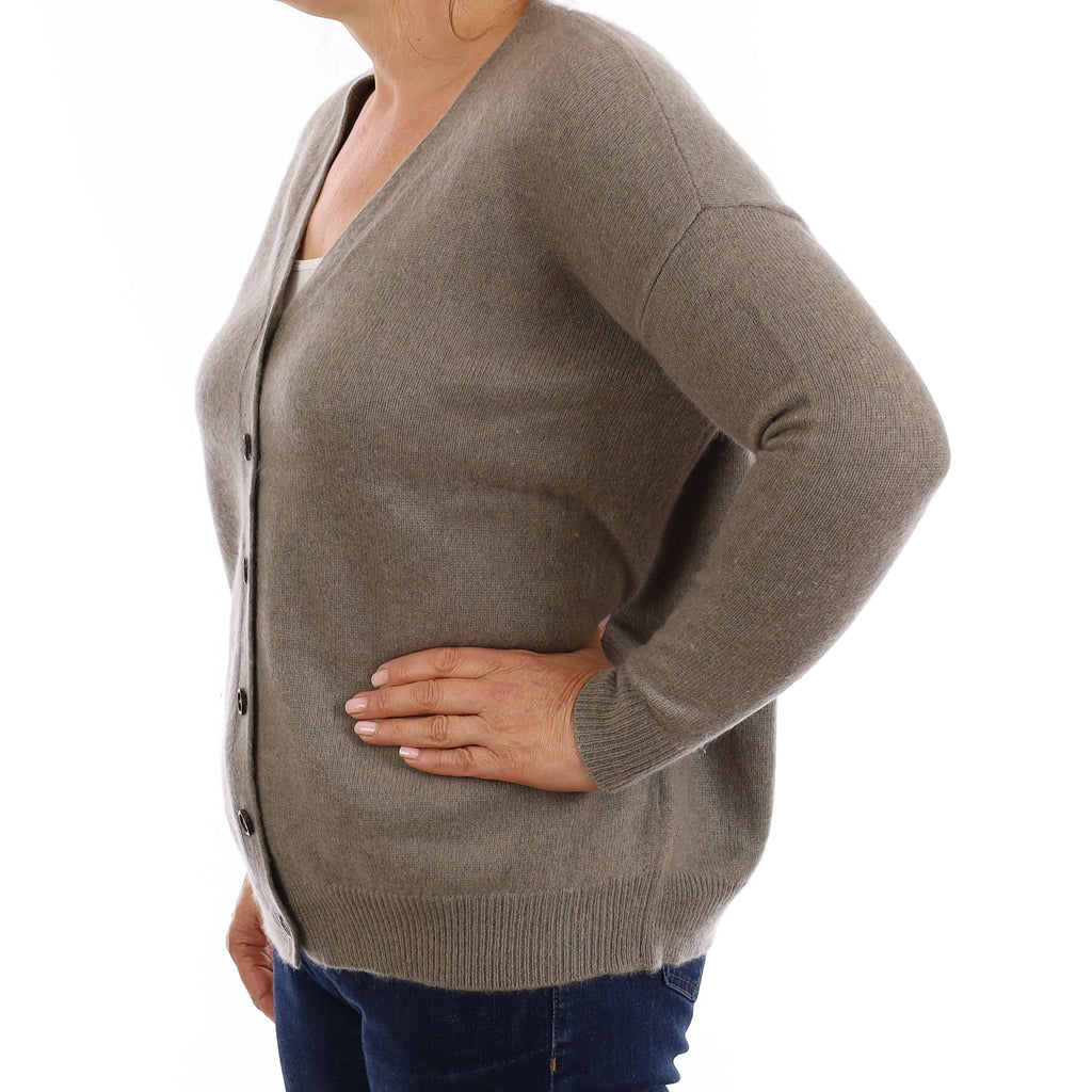 Khaki Brown Chunky Cashmere V Neck Cardigan Medium
