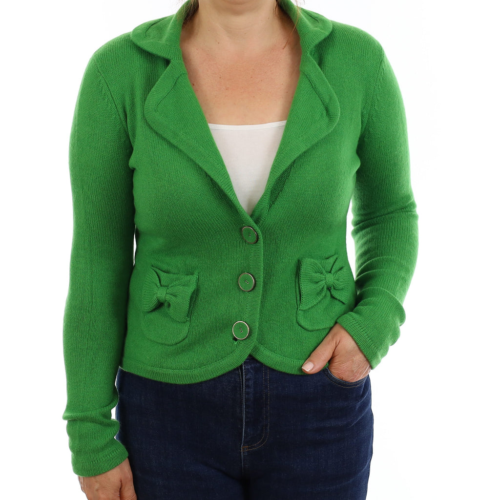 Vivid Green Chunky Cashmere Collared Jacket with Pockets Medium