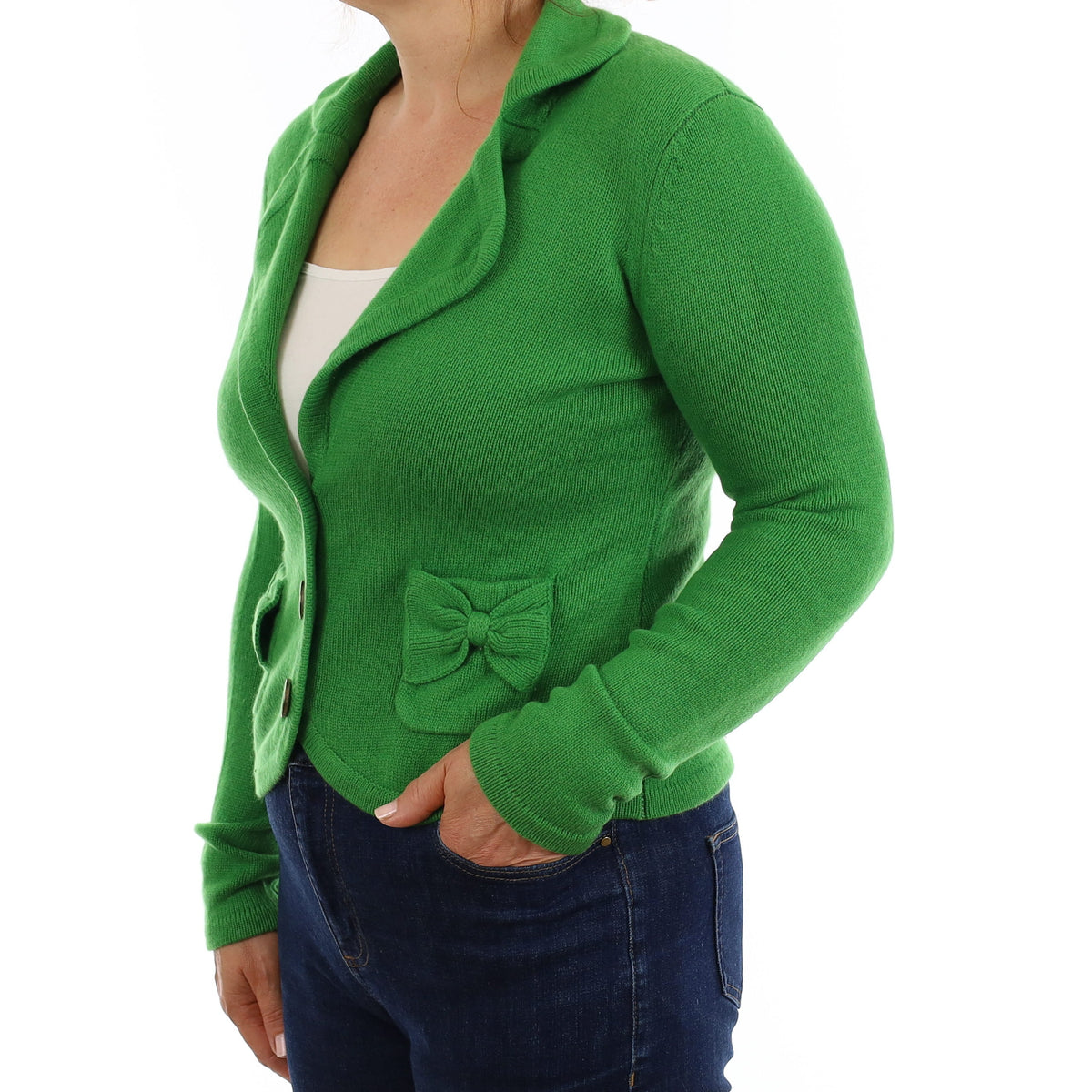 Vivid Green Chunky Cashmere Collared Jacket with Pockets Medium