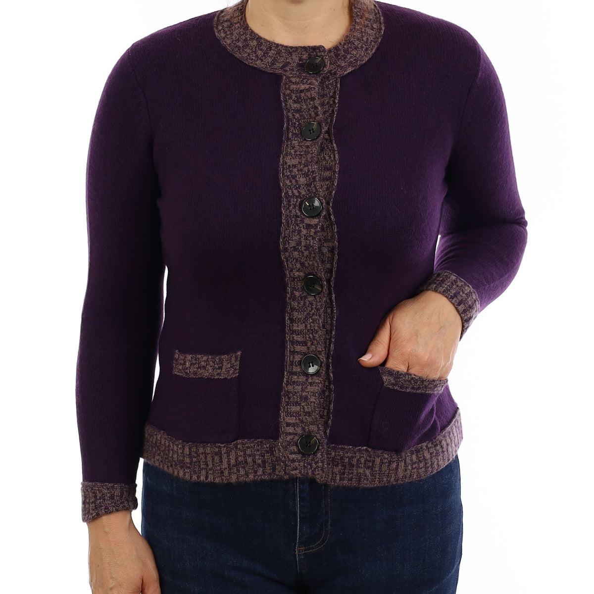 Shadow Purple and Taupe Cashmere Crew Neck Cardigan with Pockets Medium