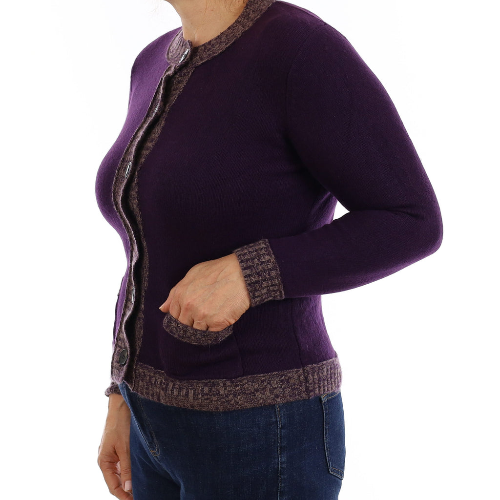 Shadow Purple and Taupe Cashmere Crew Neck Cardigan with Pockets Medium