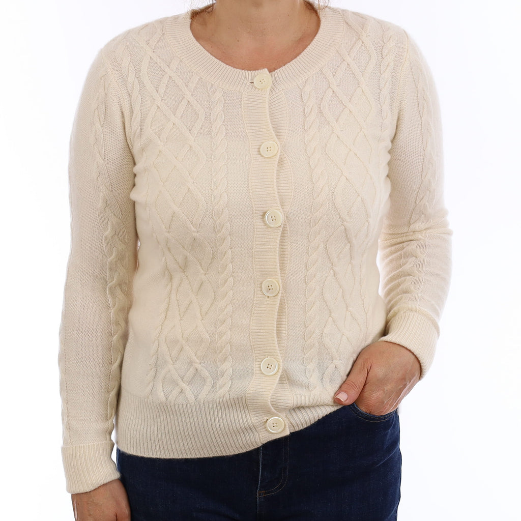 Ivory Chunky Cable Cashmere Crew Neck Cardigan Medium