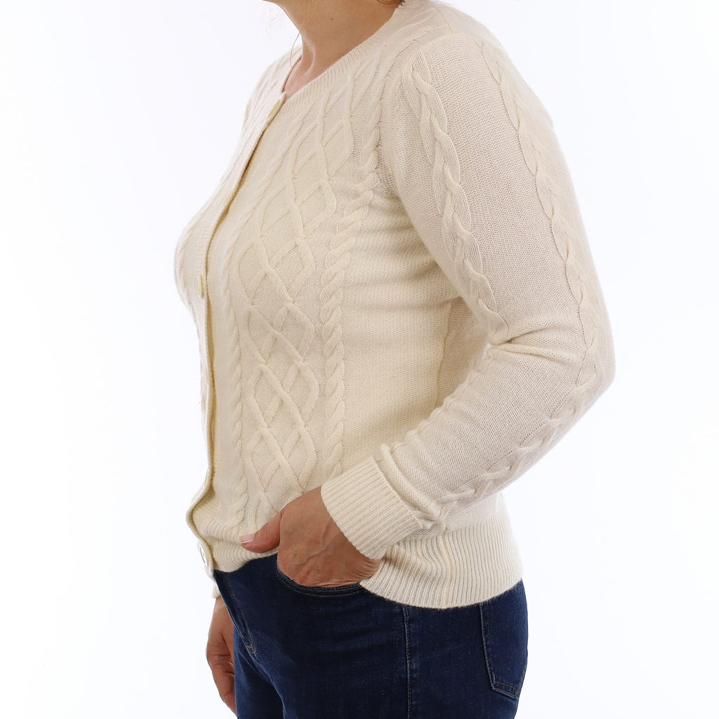 Ivory Chunky Cable Cashmere Crew Neck Cardigan Medium