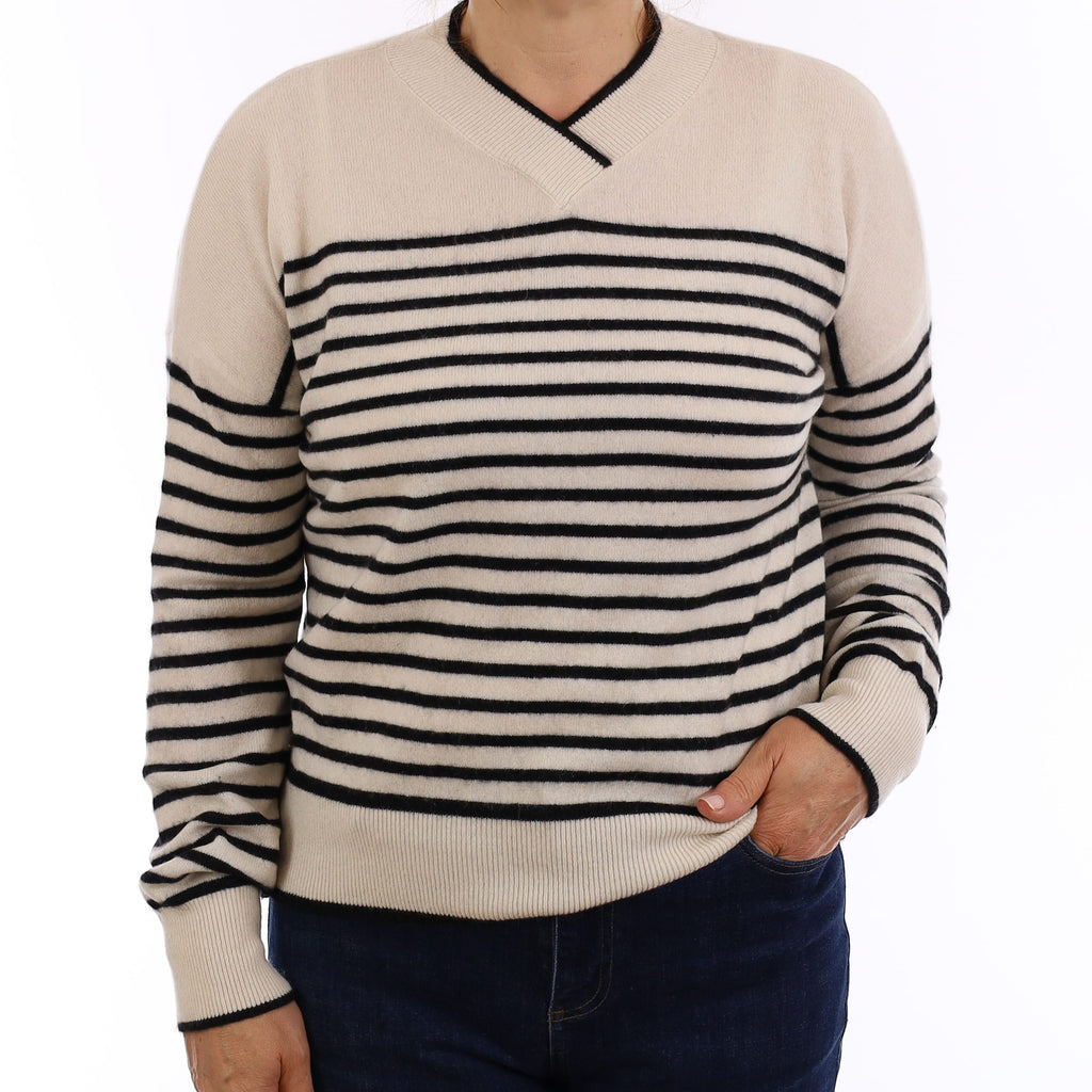 Ivory and Black Stripe Cashmere V Neck Jumper Medium