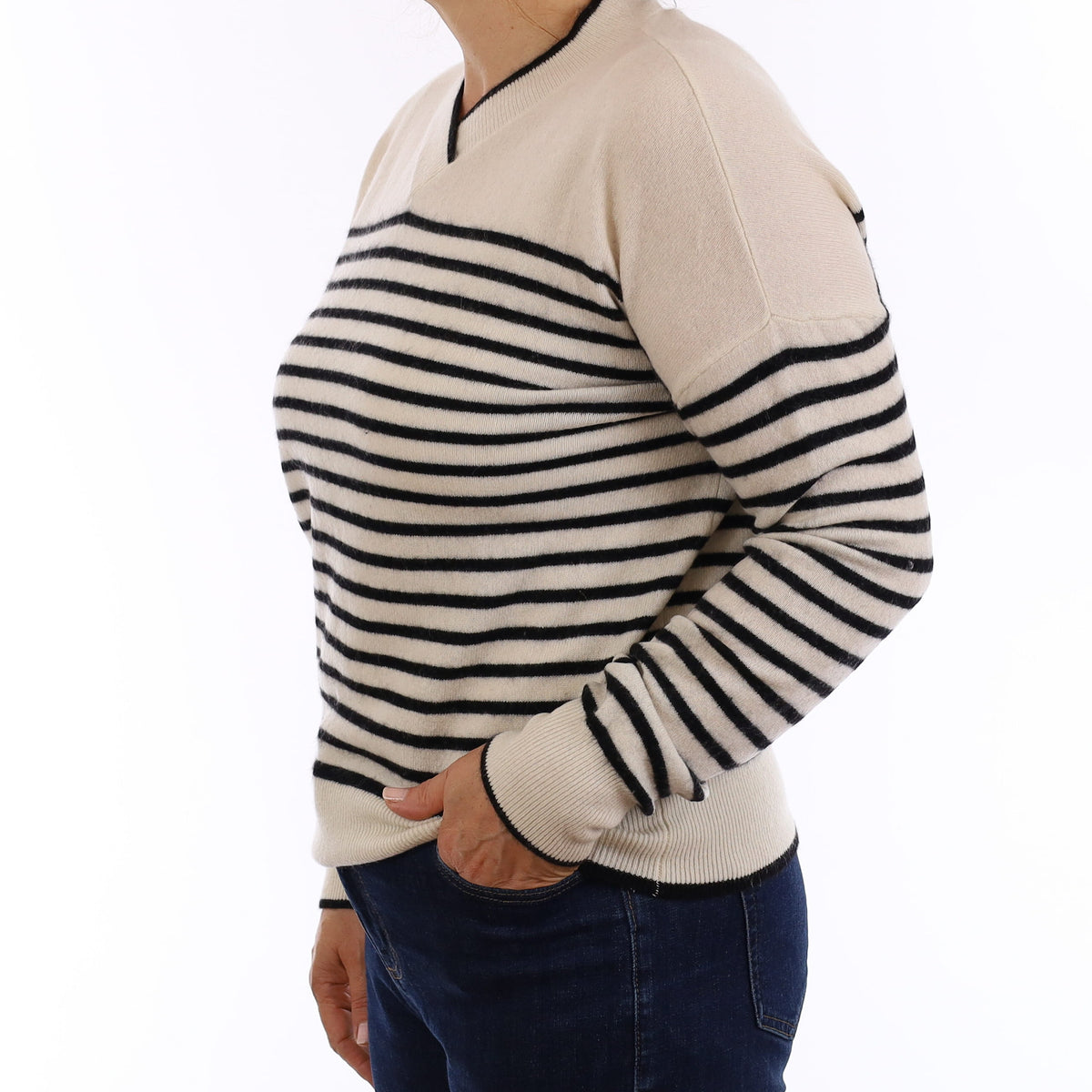 Ivory and Black Stripe Cashmere V Neck Jumper Medium