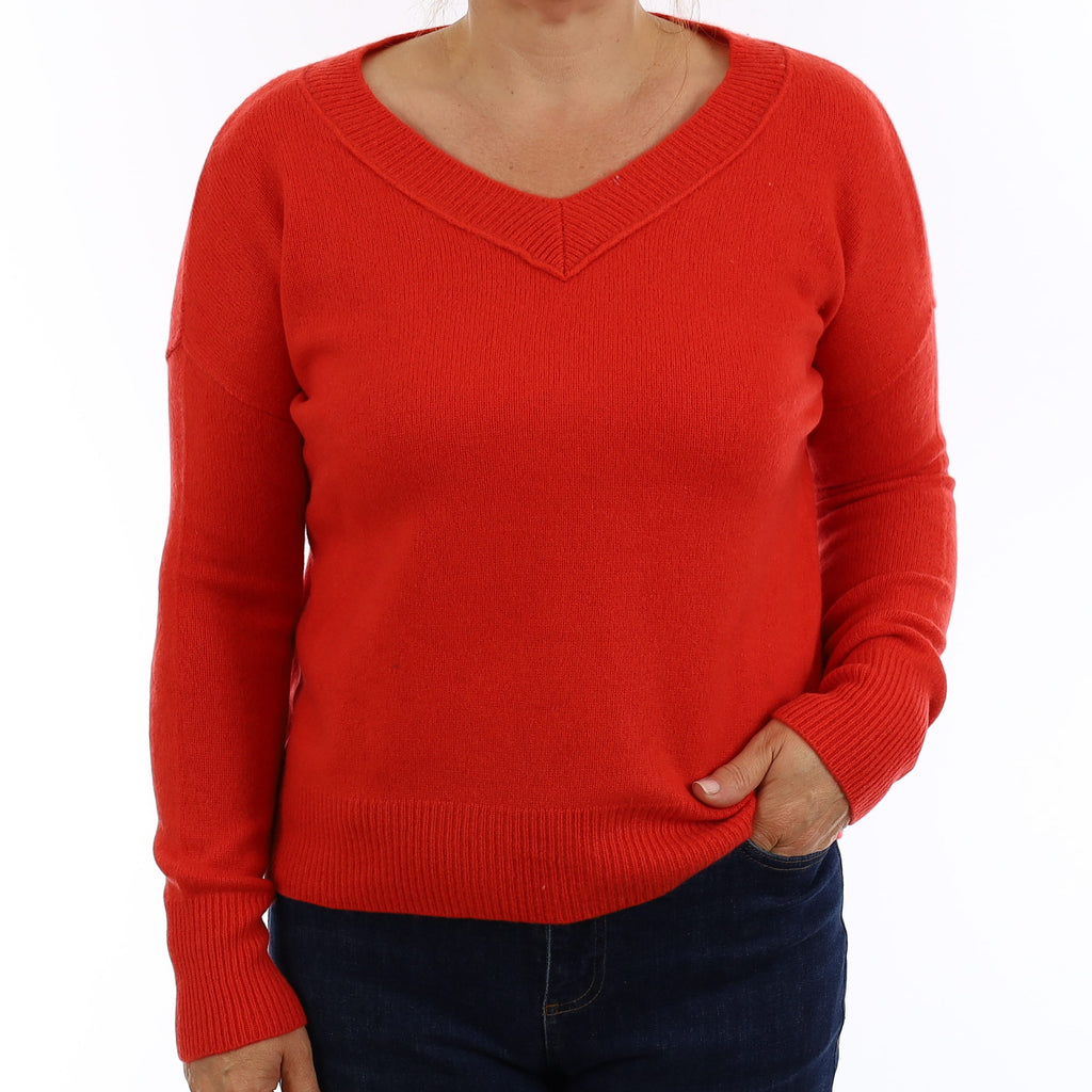 Vermillion Red Chunky Cashmere V Neck Jumper Medium