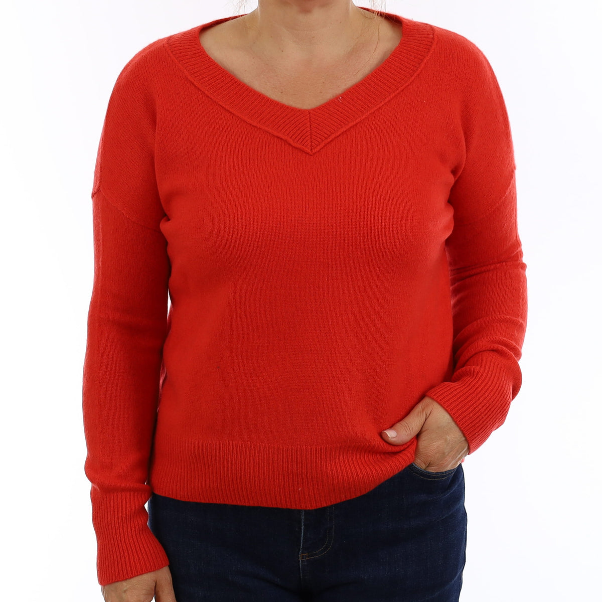 Vermillion Red Chunky Cashmere V Neck Jumper Medium