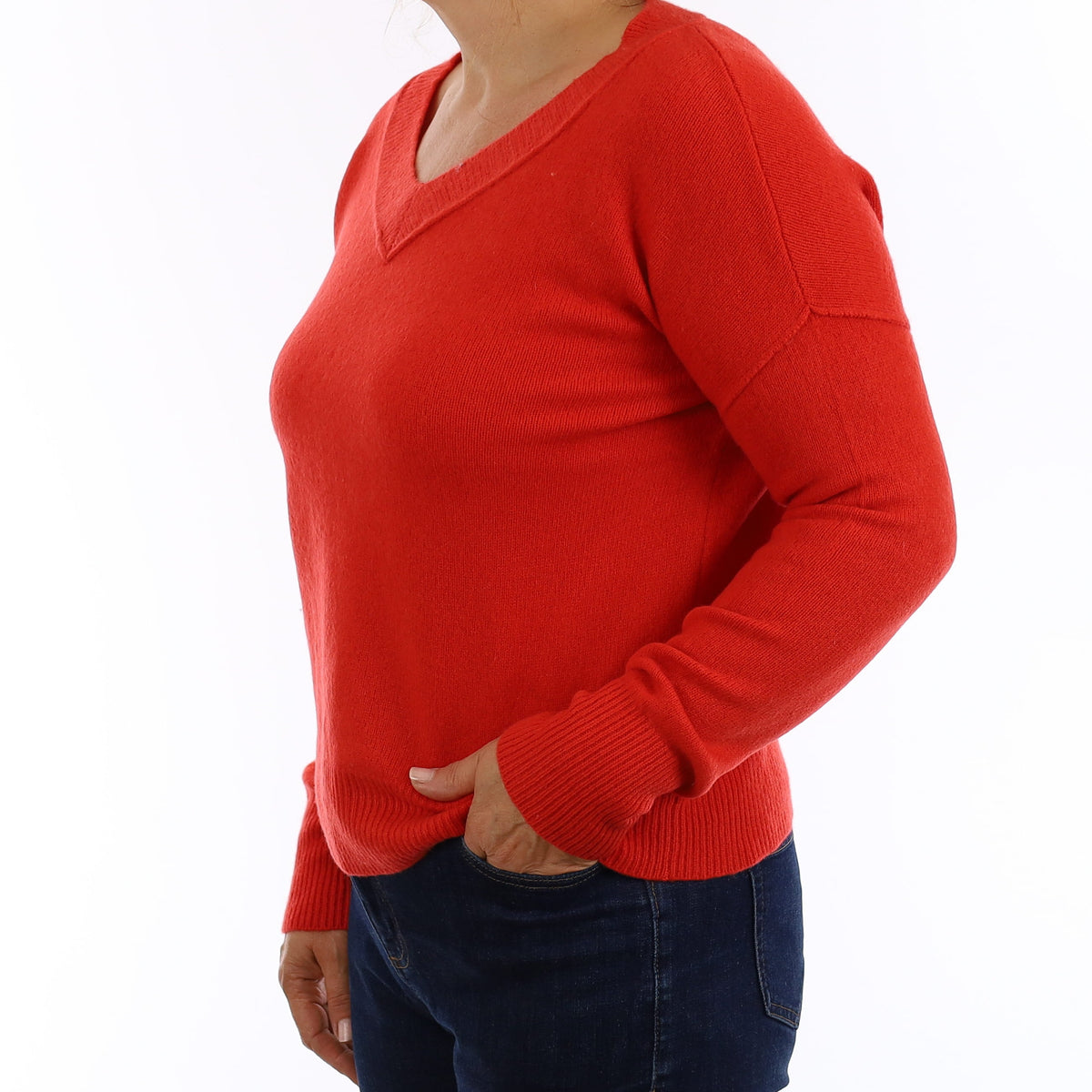 Vermillion Red Chunky Cashmere V Neck Jumper Medium