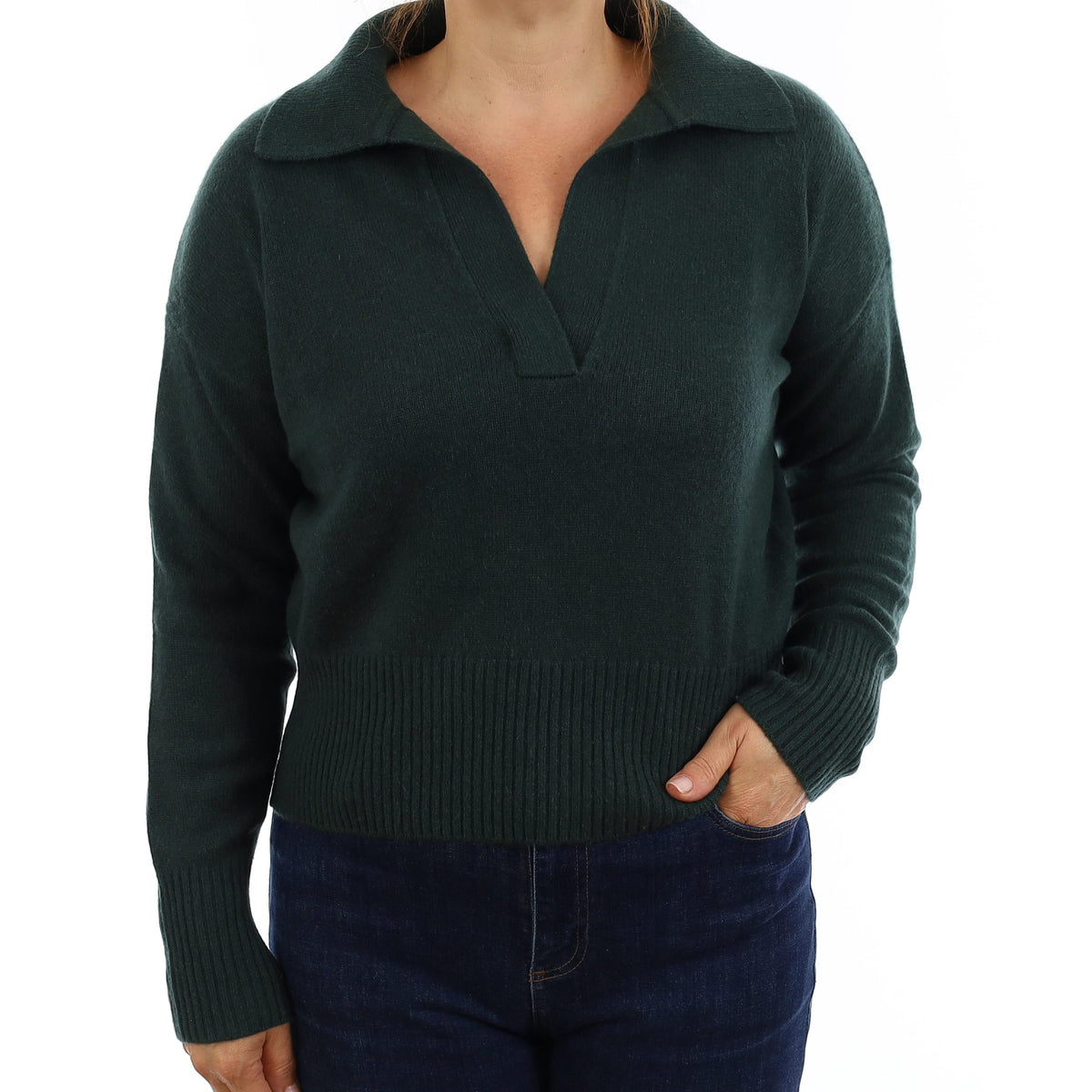 Bottle Green Chunky Cashmere Collared V Neck Jumper Medium