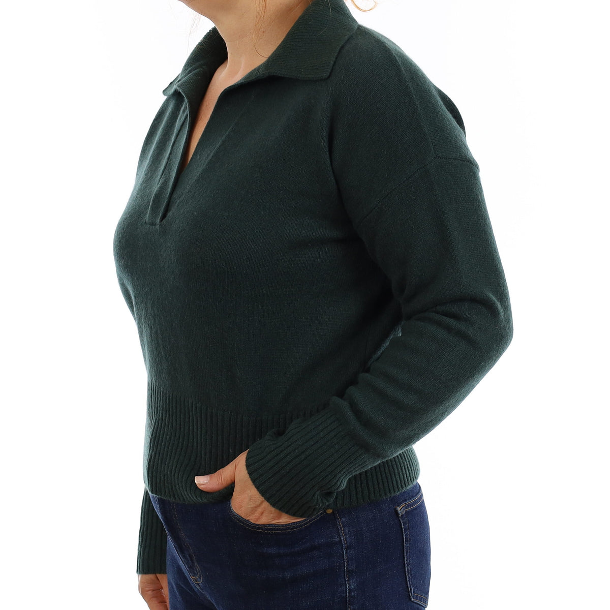 Bottle Green Chunky Cashmere Collared V Neck Jumper Medium