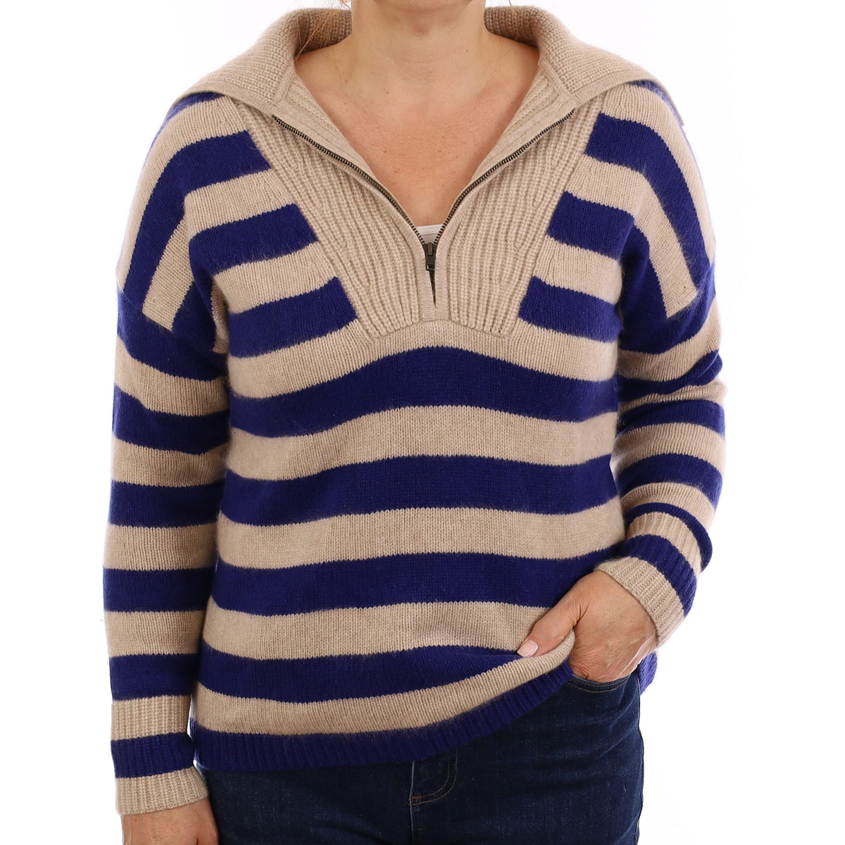 Beige and Blue Stripe Cashmere Chunky Zip Up Jumper Medium