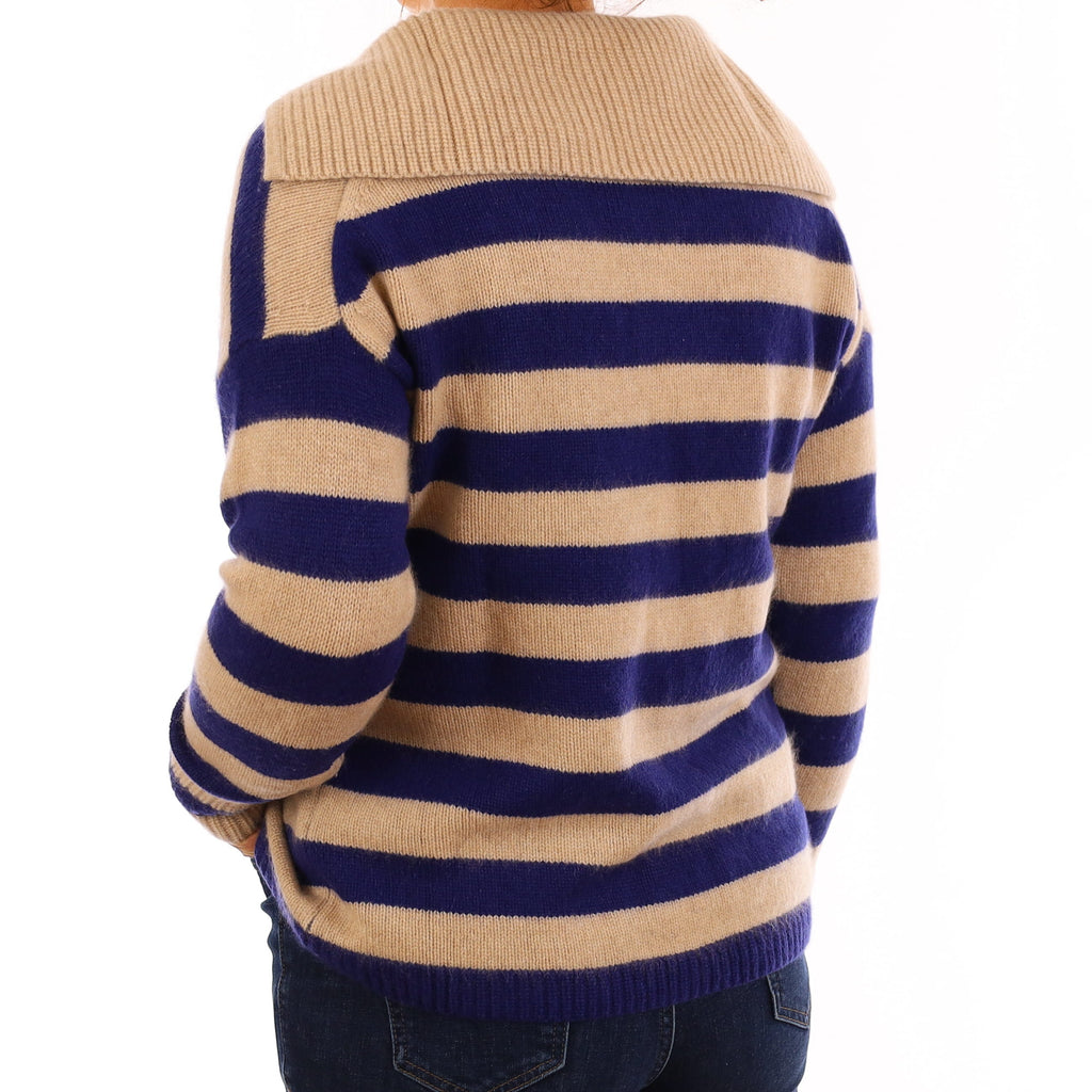 Beige and Blue Stripe Cashmere Chunky Zip Up Jumper Medium