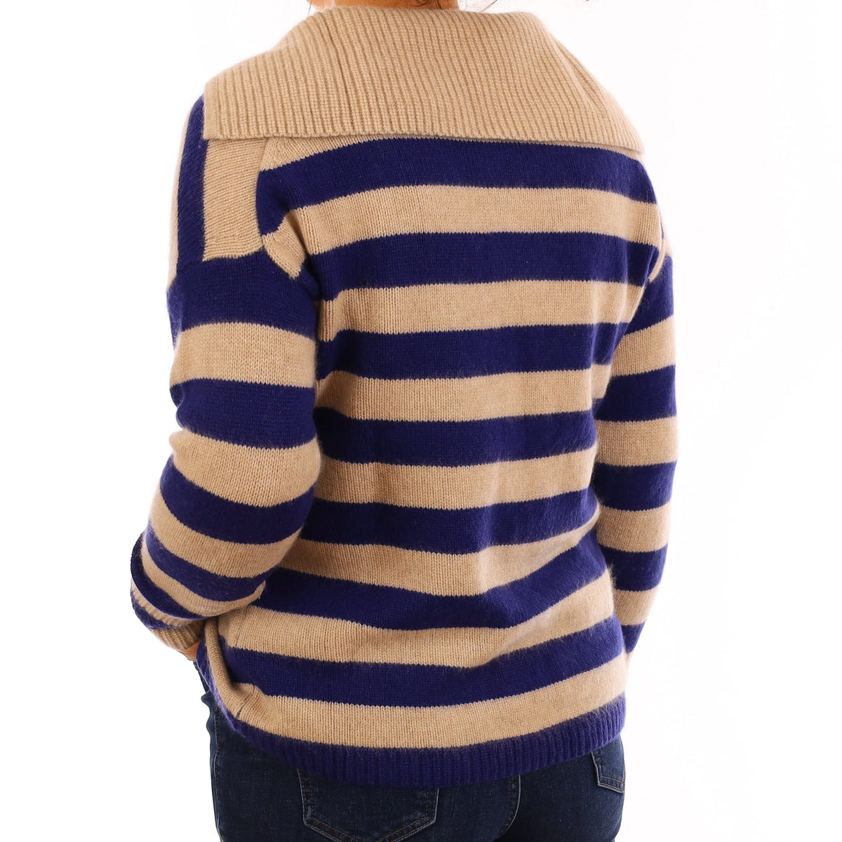 Beige and Blue Stripe Cashmere Chunky Zip Up Jumper Medium