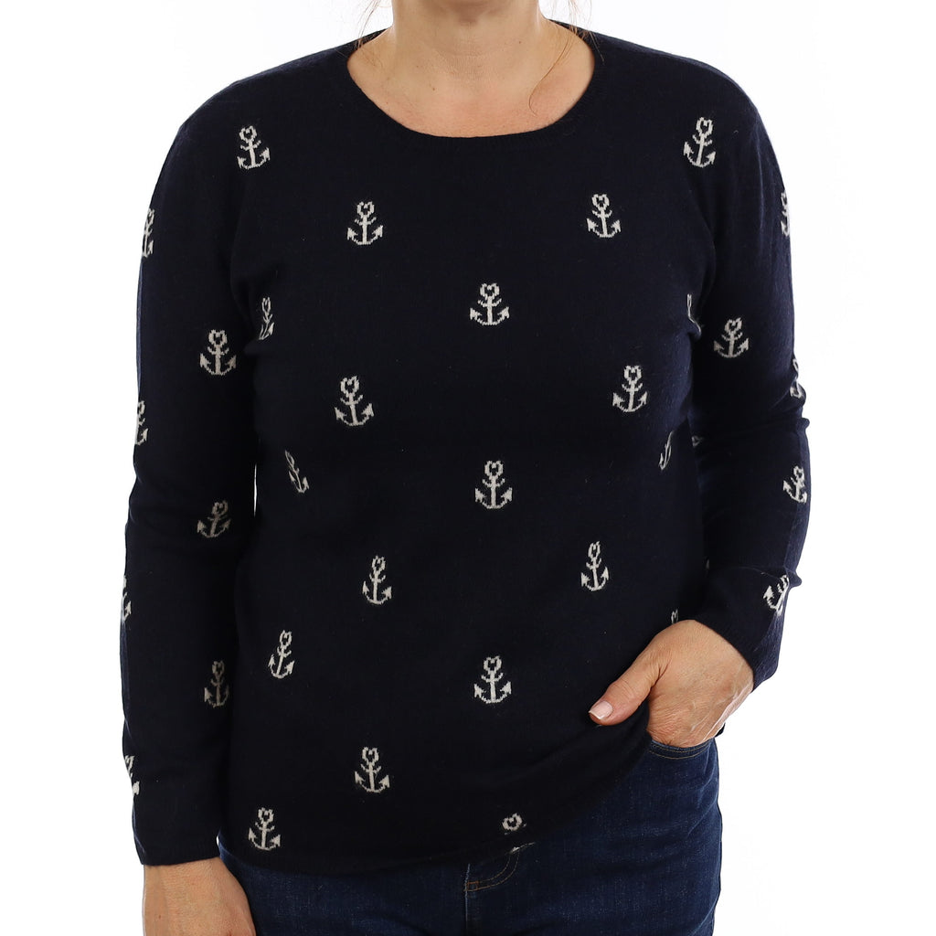 Chinti & Parker Navy Anchor Design Cashmere Crew Neck Jumper Medium