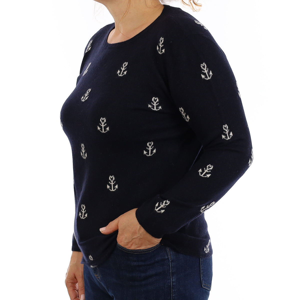 Chinti & Parker Navy Anchor Design Cashmere Crew Neck Jumper Medium
