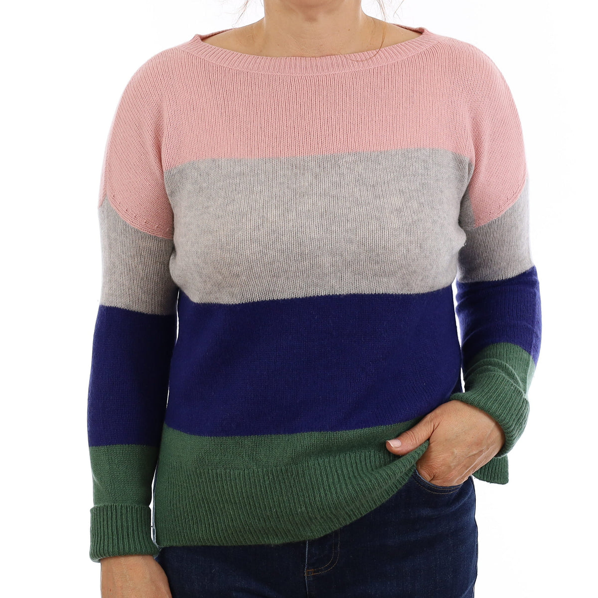Multicolour Stripe Chunky Cashmere Boat Neck Jumper Medium