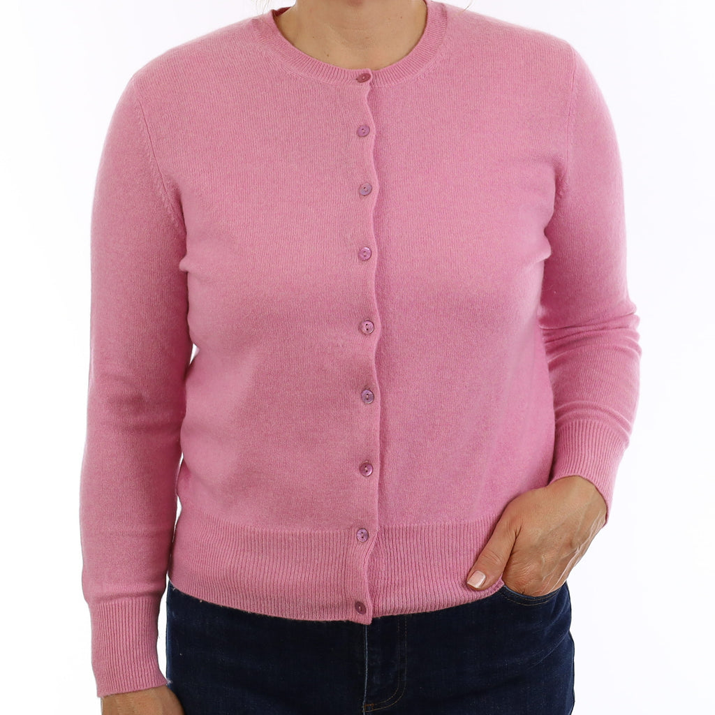 Candy Pink Cashmere Crew Neck Cardigan Medium