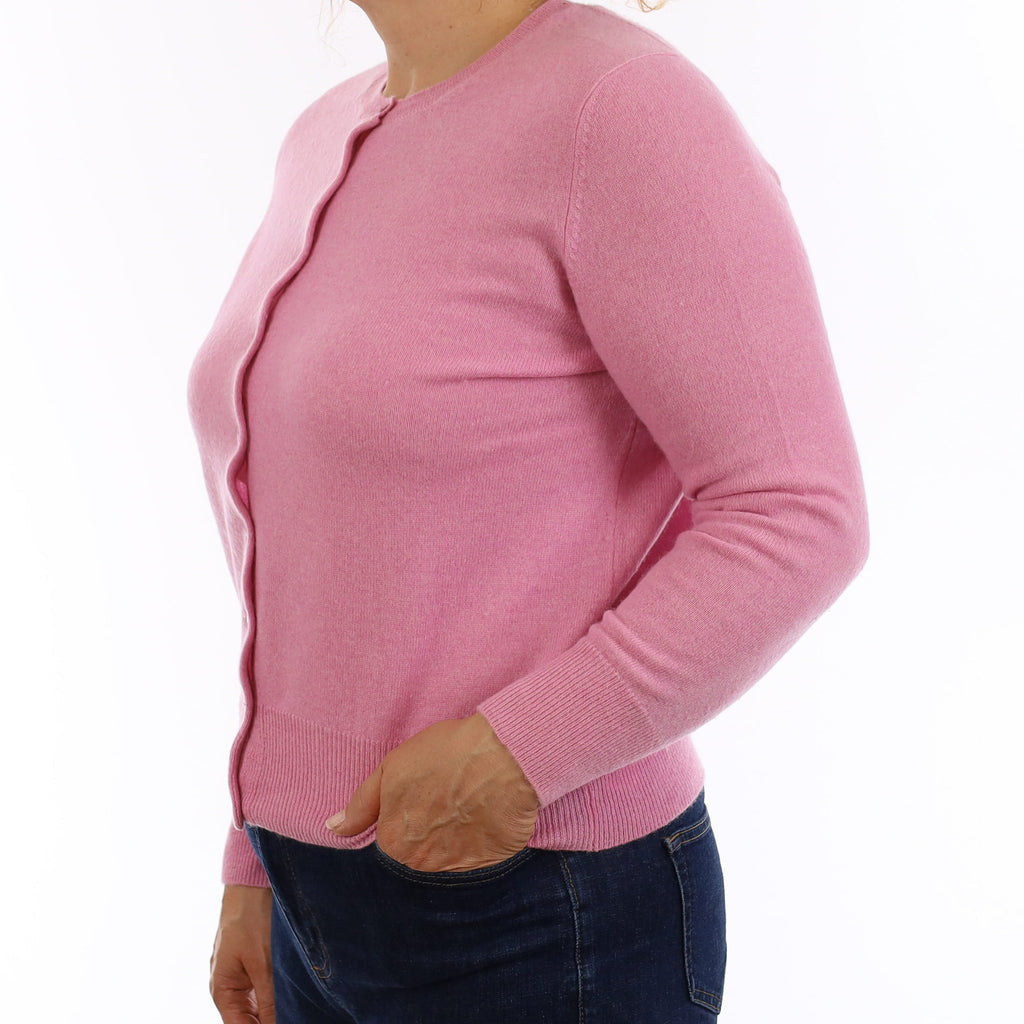 Candy Pink Cashmere Crew Neck Cardigan Medium