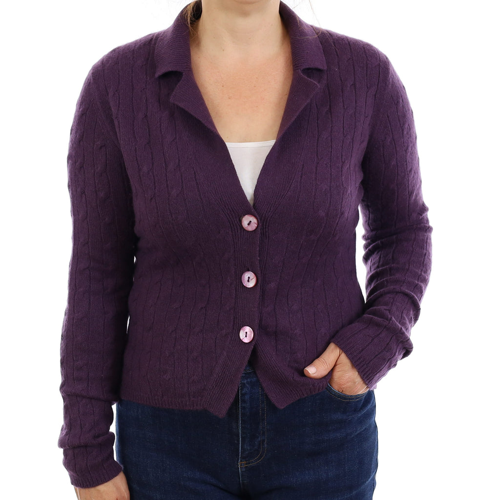 Blueberry Purple Cable Cashmere Collared Cardigan Medium